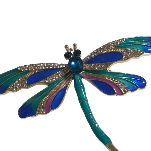 Colorful Dragonfly Brooch Rhinestone Accents Enamel Wings Multicolor Insect Gift - Picture 3 of 4